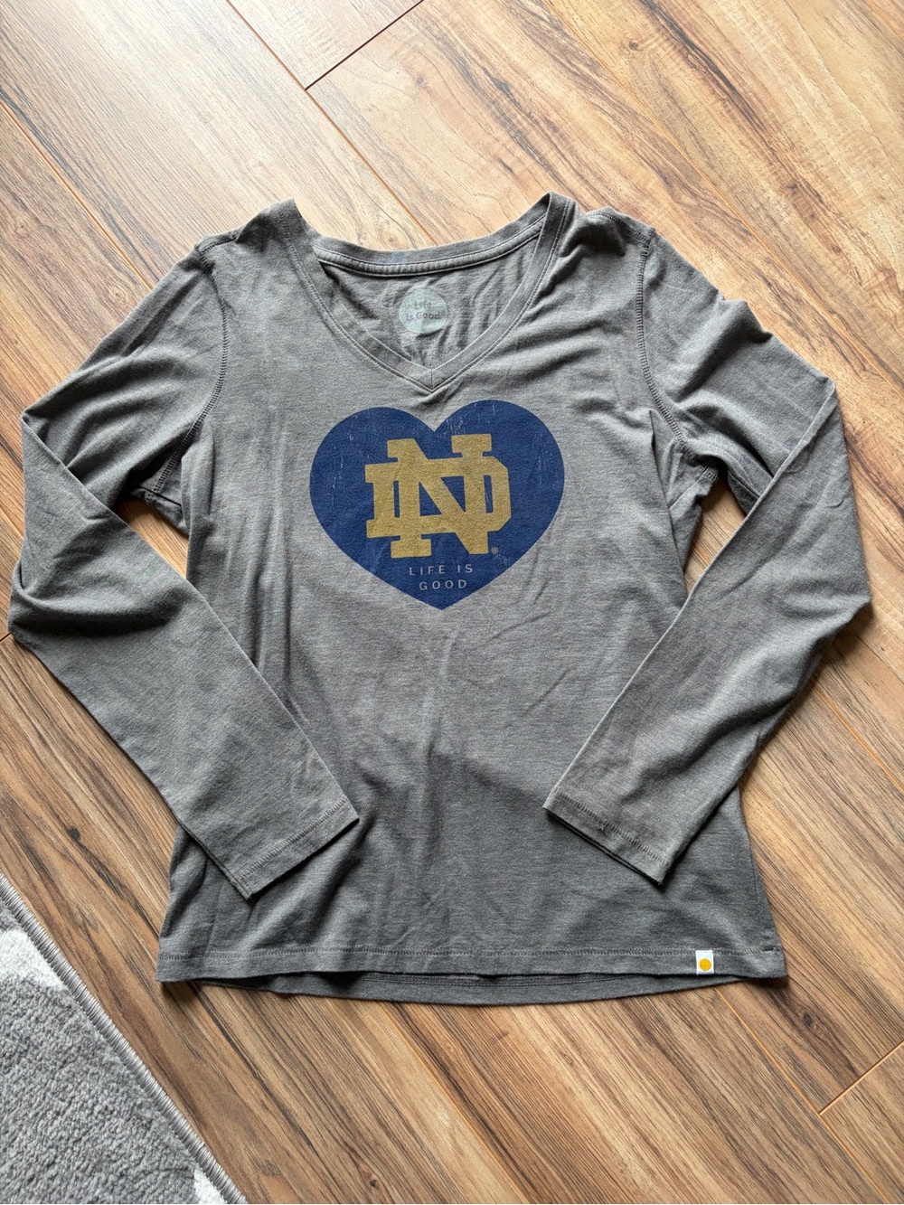 Life Is Good Gray V-Neck Long Sleeve with Navy Heart Notre Dame Logo